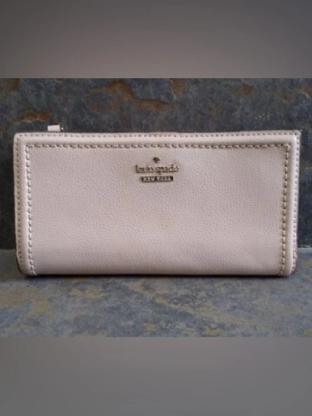kate spade madison large slim bifold gray leather wallet with gold logo